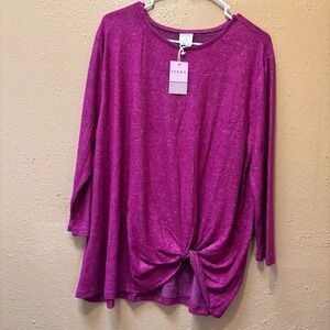 Serra Ladies Front Knot Top Magenta Pink Heathered 3/4 Sleeve Knit Shirt XL NEW